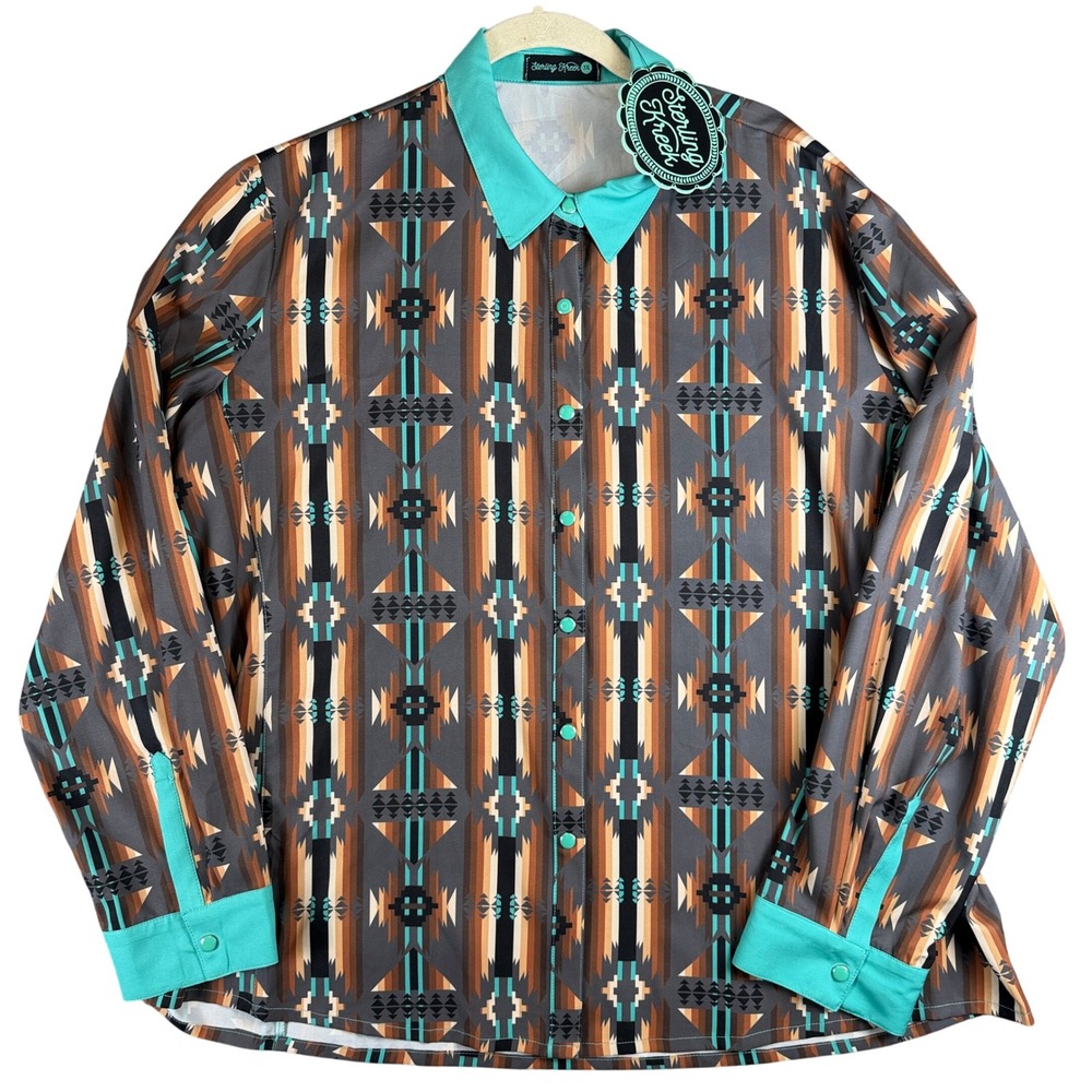Sterling Kreek Red Dirt Road Top Womens 3XL Southwestern Turquoise Snap Button